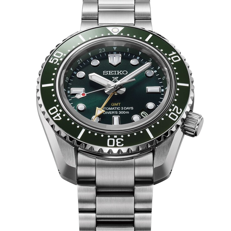 The Seiko Prospex HBC001 pairs a deep green dial with a matching ceramic bezel and gold GMT hand.