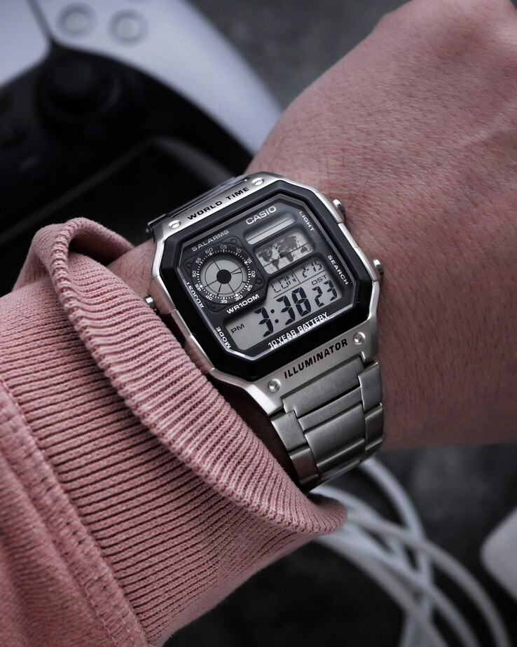 The Casio AE-1200WH with the stainless steel wrist band instead of the new leather band. (Image source: Casio)