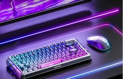 Lenovo Legion Y7MG gaming mouse shown alongside keyboard, monitor, and RGB desk backlight