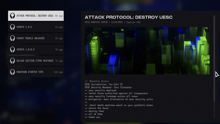 Marathon news panel showing update 1.0.5 and related new content information.