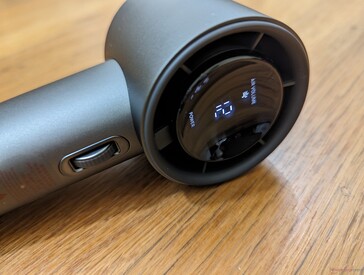 Front of fan showing LED screen and fan speed wheel