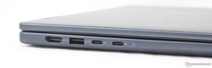 Left: HDMI 1.4 (up to 1080p60 only), USB-A 3.2 Gen. 1, 2x USB-C 3.2 Gen. 2 (10 Gbps) w/ DisplayPort 1.4 + Power Delivery