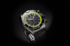 Breitling Super Chronomat B19 44 Perpetual Calendar Chronograph with a carbon-fibre dial, lime-green tachymeter scale and dark case.