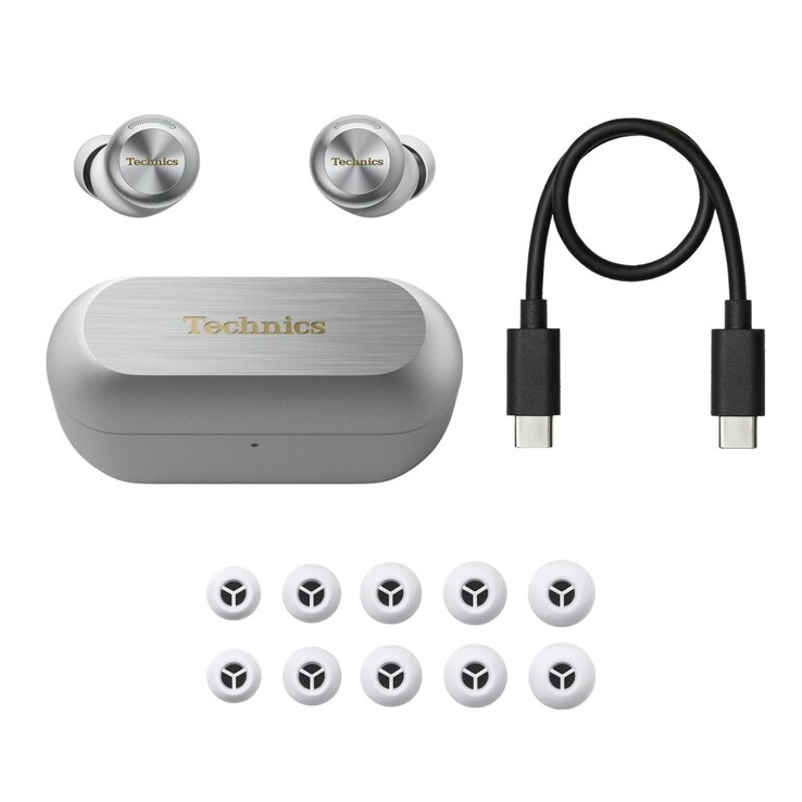 The Technics EAH-AZ100 earbuds come with five ear tip sizes, a charging case, and a charging cable. (Image source: Technics)
