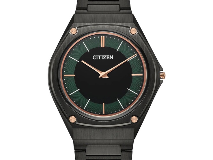 The AR5065-54W features a striking forest green dial with a black center and rose gold-tone hands, markers, and bezel screws.
