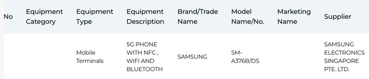 IMDA listing of the Galaxy A37.