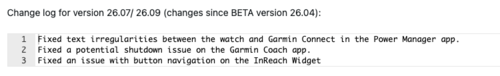 The release notes for Garmin Fenix 7 beta version 26.09