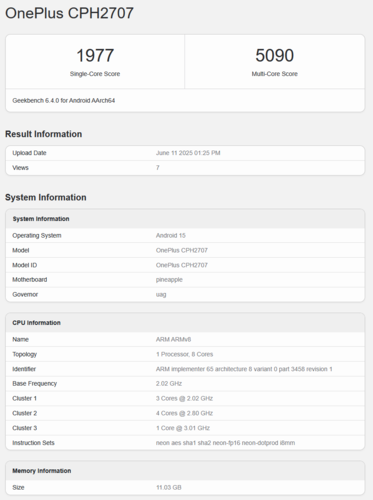 OnePlus Nord 5 Geekbench listing (image source: Geekbench)