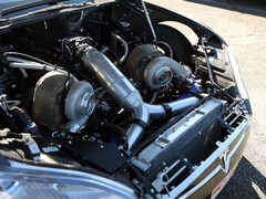 Tesla Model S with a twin-turbo Big Block Chevy engine retrofit. (Image source: Engine Builder/YT)