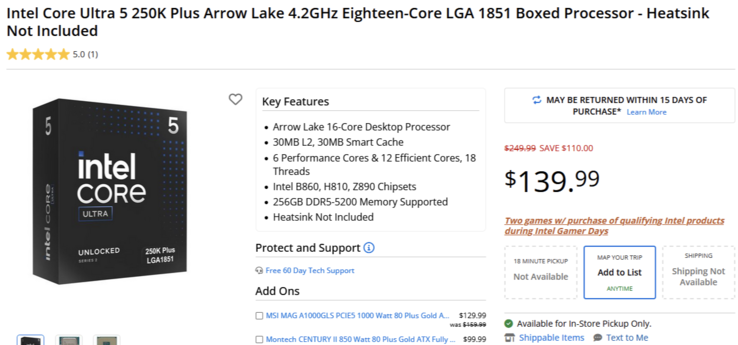 The Intel Core 5 Ultra 250K listing on Micro Center