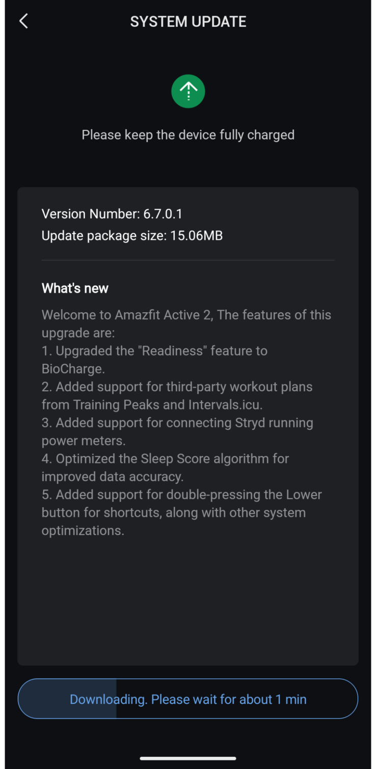 The release notes for software version 6.7.0.1 for the Amazfit Active 2 smartwatches. (Image source: u/kruzin_tv via Reddit)