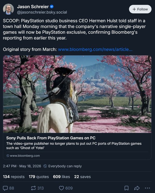Jason Schreier Bluesky post on PS5 exclusives
