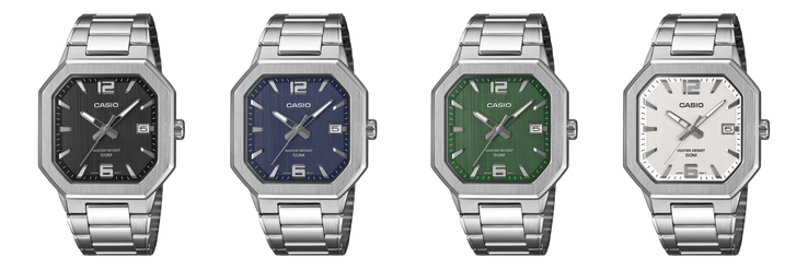 From left to right: the Casio MTP-B195D-1AV, MTP-B195D-2AV, MTP-B195D-3AV and MTP-B195D-7AV watches. (Image source: Casio, edited)