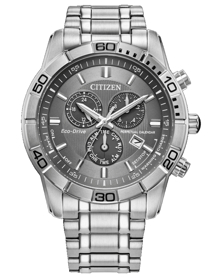 Citizen Classic Eco-Drive chronograph with a gray dial, brushed stainless-steel 44mm case, fixed 60-minute bezel, three subdials.