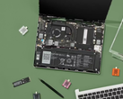 A promotional photo of the Framework Laptop 13 showcasing its internals