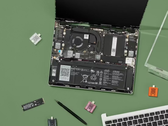 A promotional photo of the Framework Laptop 13 showcasing its internals