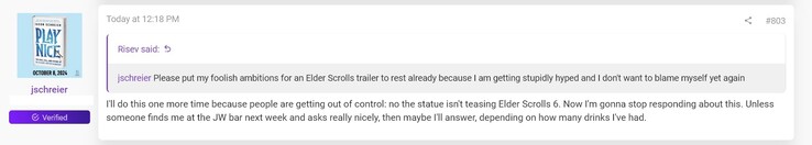 Jason Schreier comments on The Elder Scrolls 6 at The Game Awards (Image source: screenshot, ResetEra forums)