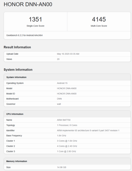 Snapdagon 7 Gen 4 Geekbench listing (image source: Geekbench)