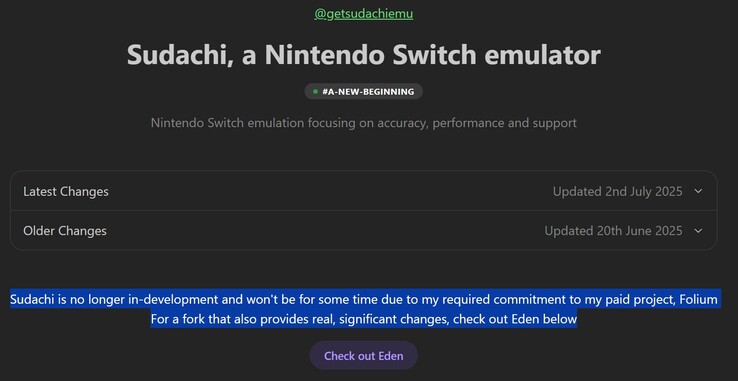 The announcement on the official Sudachi website (Image source: Sudachi)