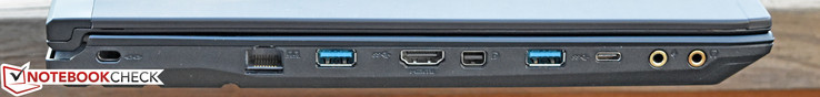Left: Kensington Lock, Gigabit Ethernet, USB 3.0, HDMI, mini-DisplayPort, USB 30, USB Type-C, Microphone, Headphones