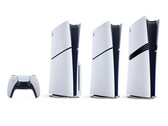 PlayStation DualSense controller, PS5 console with disc drive, Digital Edition PS5, and PS5 Pro (left to right). 