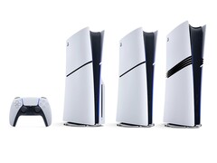 PlayStation DualSense controller, PS5 console with disc drive, Digital Edition PS5, and PS5 Pro (left to right).