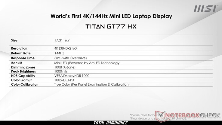 Purported MSI Titan GT77 4K 144 Hz mini-LED specifications