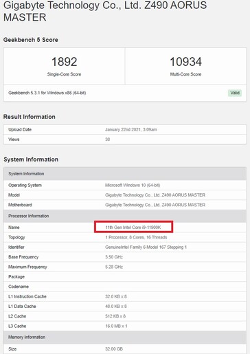 Intel Core i9-11900K. (Image source: Geekbench)