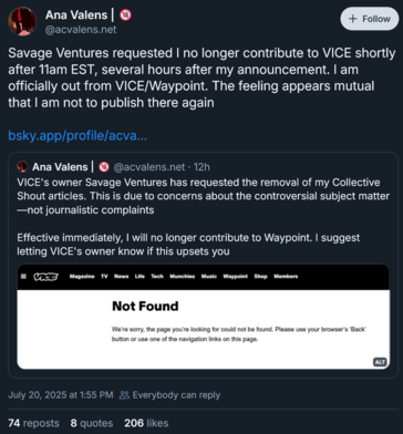 Ana Valens announcing resignation from Vice (Image source: screenshot, Ana Valens Bluesky account)