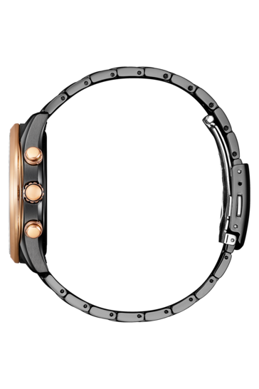 Side view of the Citizen Eco-Drive BY1036-53L showcasing its rose gold bezel, crown and pushers and black bracelet