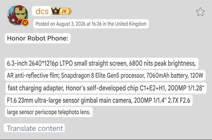 Honor Robot Phone specs detailed in DCS's Weibo post