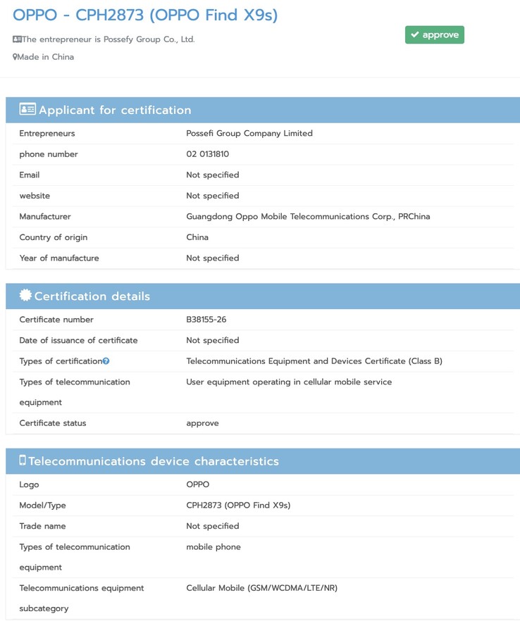 The Oppo Find X9s clears NBTC certification.