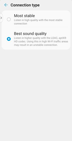 The Connection type uses the SBC or AAC codec in Most Stable mode, and the high-resolution LDAC codec in Best Sound Quality mode. (Image source: Notebookcheck)