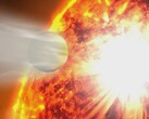 An artist's illustration showing a star absorbing a planet.