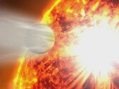 An artist's illustration showing a star absorbing a planet.