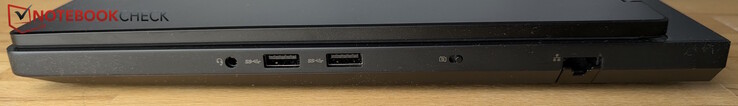 Right: 3.5 mm headset jack, 2× USB-A (5 Gbps), webcam shutter, LAN