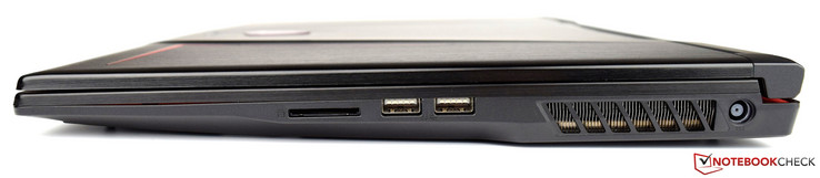 Right: SD-card reader, 2x USB 3.0, fan openings, power connection