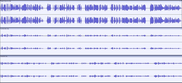 The waveforms from my recordings: Elgato on top, DJI in the middle, and Insta360 at the bottom. The Elgato recording appears to be normalized or boosted internally.