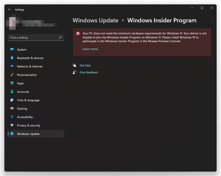 The Windows 11 Insider Preview Programme is no longer open to some unsupported devices. (Image source: @BetaWiki)
