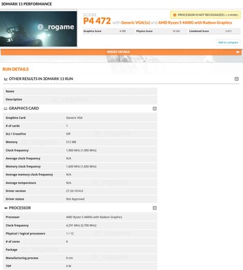 The AMD Ryzen 5 4400G on 3DMark. (Image source: 3DMark via @_rogame & @TUM_APISAK)