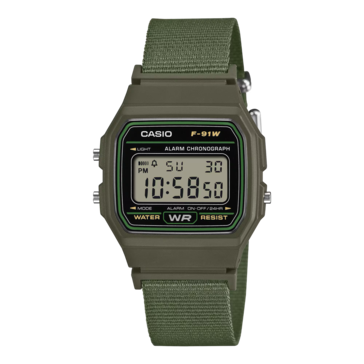 Casio F-91WF-3A with an olive green cloth band.