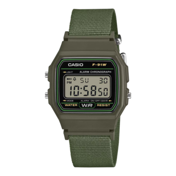 Casio F-91WF-3A digital watch with a green-accented black case and woven green fabric strap.