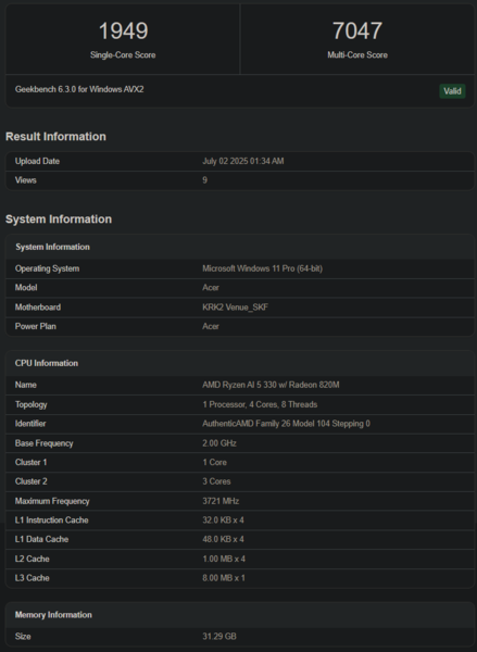 Ryzen AI 5 330 Geekbench listing (image source: Geekbench)