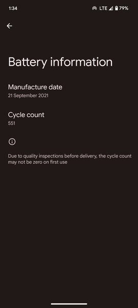 The newly added Battery Information page on Pixel phones shows charge cycle count