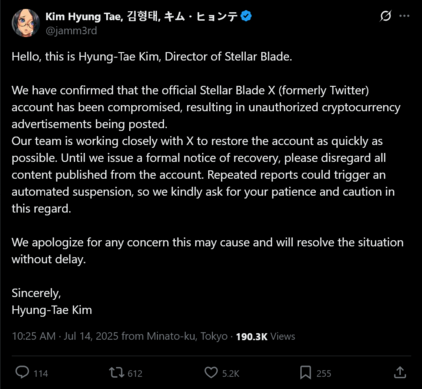 Hyung-Tae Kim post on Stellar Blade X account hack (Image source: screenshot, Hyung-Tae Kim X account)