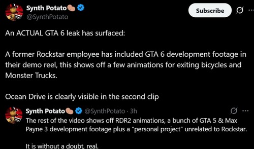 Synth Potato X posts on GTA 6 leaked footage (Image source: screenshot, Synth Potato X account)