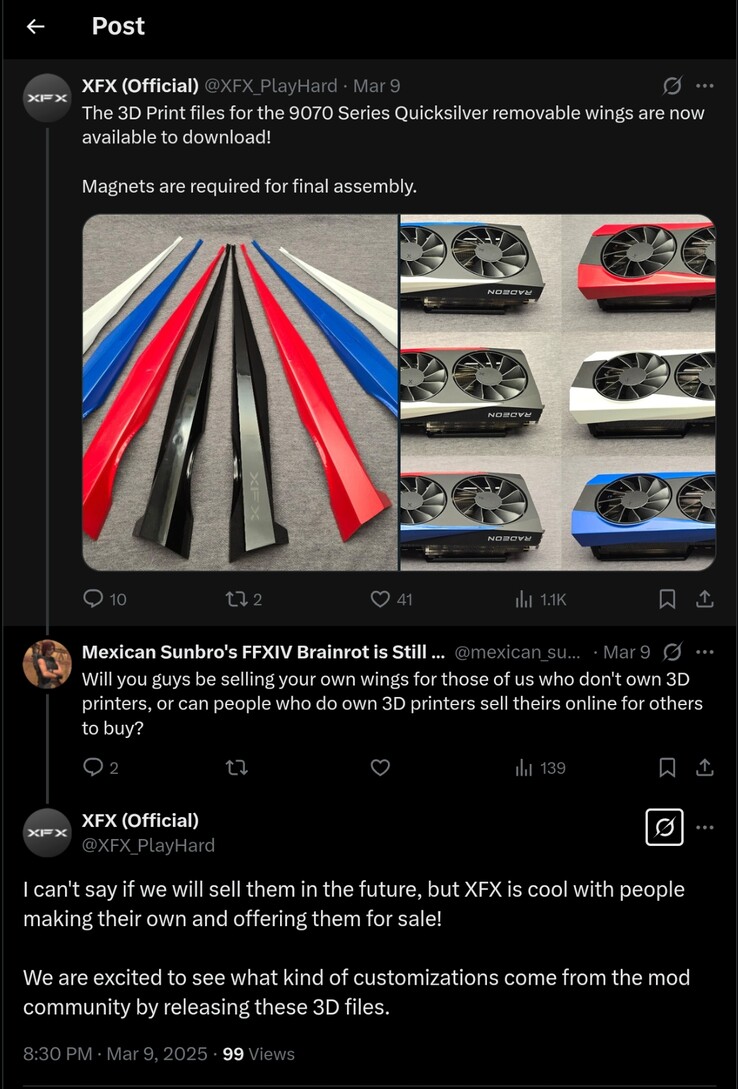 XFX post on X grants permission to use 3D models for commercial purposes.