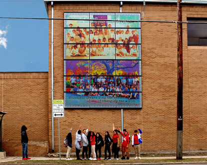 Solar panel mural celebrating community history in collaboration with JT Brackenridge Elementary School (artist: Adriana Garcia, photo: Antonia Padilla)