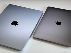 The MacBook Air 15 M4 in Sky Blue (left) vs. the MacBook Air 13 M1 in Space Gray (right)