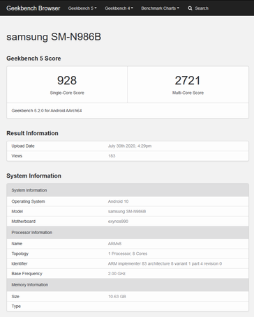 The "SM-N986N" vs. the "N986B". (Source: Geekbench 5)